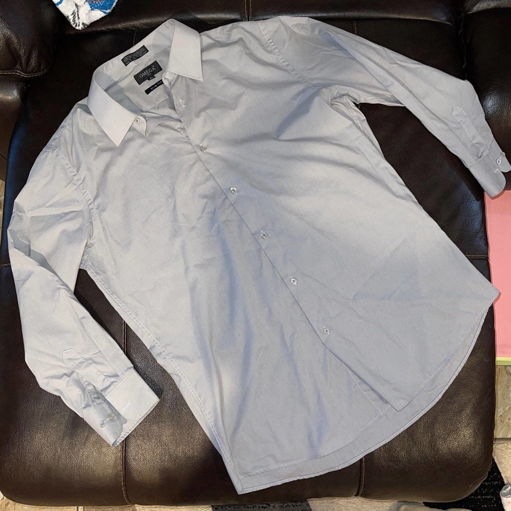 Men's Omega Grey Long Sleeve Button Down Dress Shirt‎ Size XL